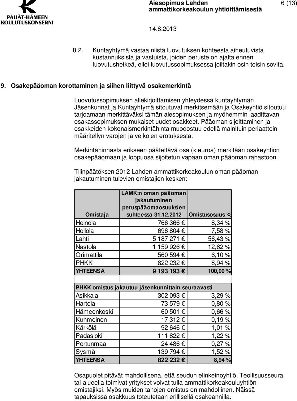 Osakepääoman korottaminen ja siihen liittyvä osakemerkintä Luovutussopimuksen allekirjoittamisen yhteydessä kuntayhtymän Jäsenkunnat ja Kuntayhtymä sitoutuvat merkitsemään ja Osakeyhtiö sitoutuu