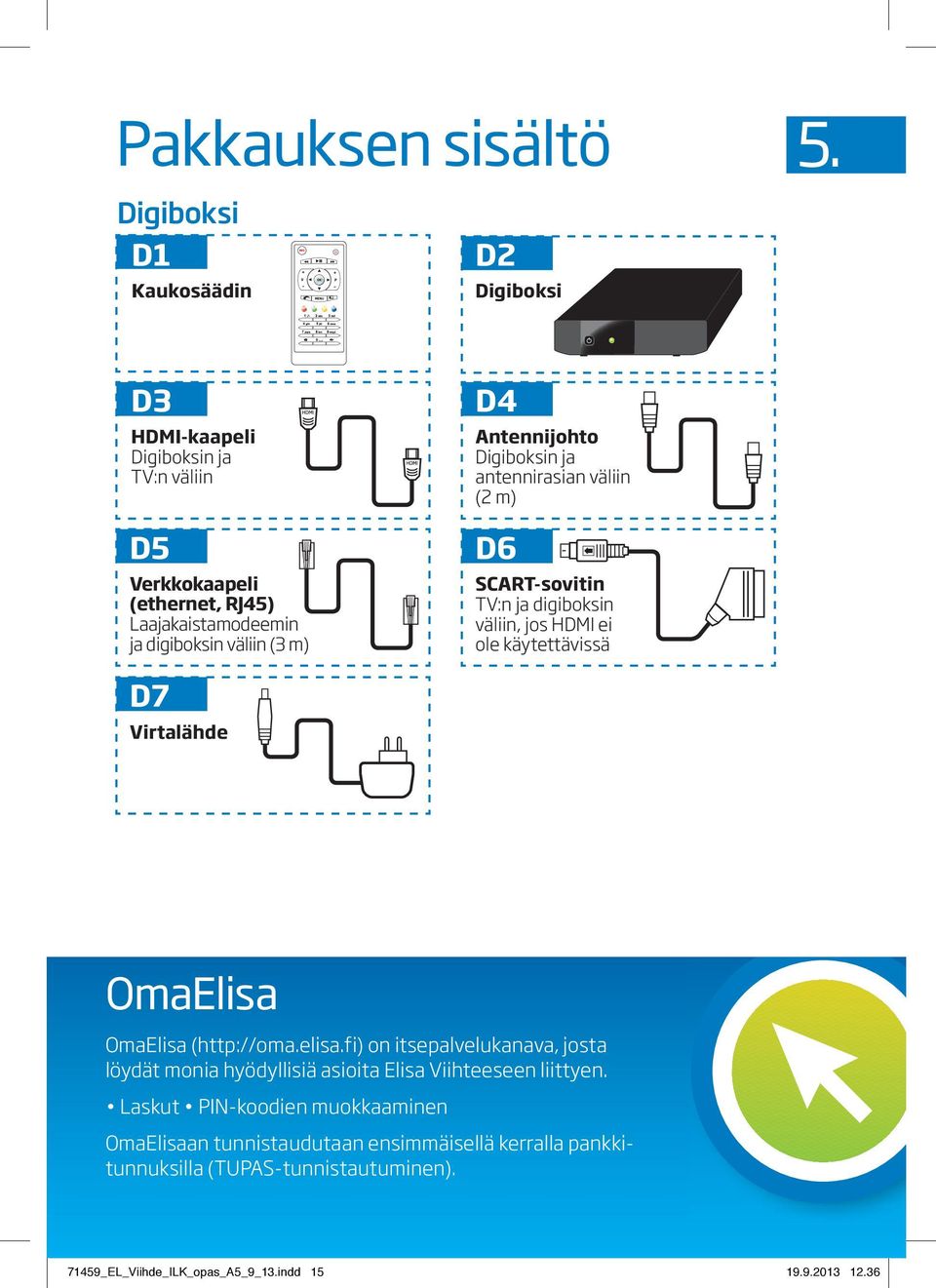 D4 Antennijohto Digiboksin ja antennirasian väliin (2 m) D6 SCART-sovitin TV:n ja digiboksin väliin, jos HDMI ei ole käytettävissä D7 Virtalähde OmaElisa