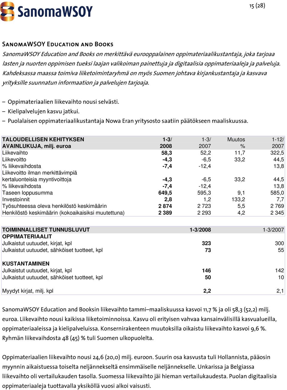 Kahdeksassa maassa toimiva liiketoimintaryhmä on myös Suomen johtava kirjankustantaja ja kasvava yrityksille suunnatun informaation ja palvelujen tarjoaja. Oppimateriaalien liikevaihto nousi selvästi.