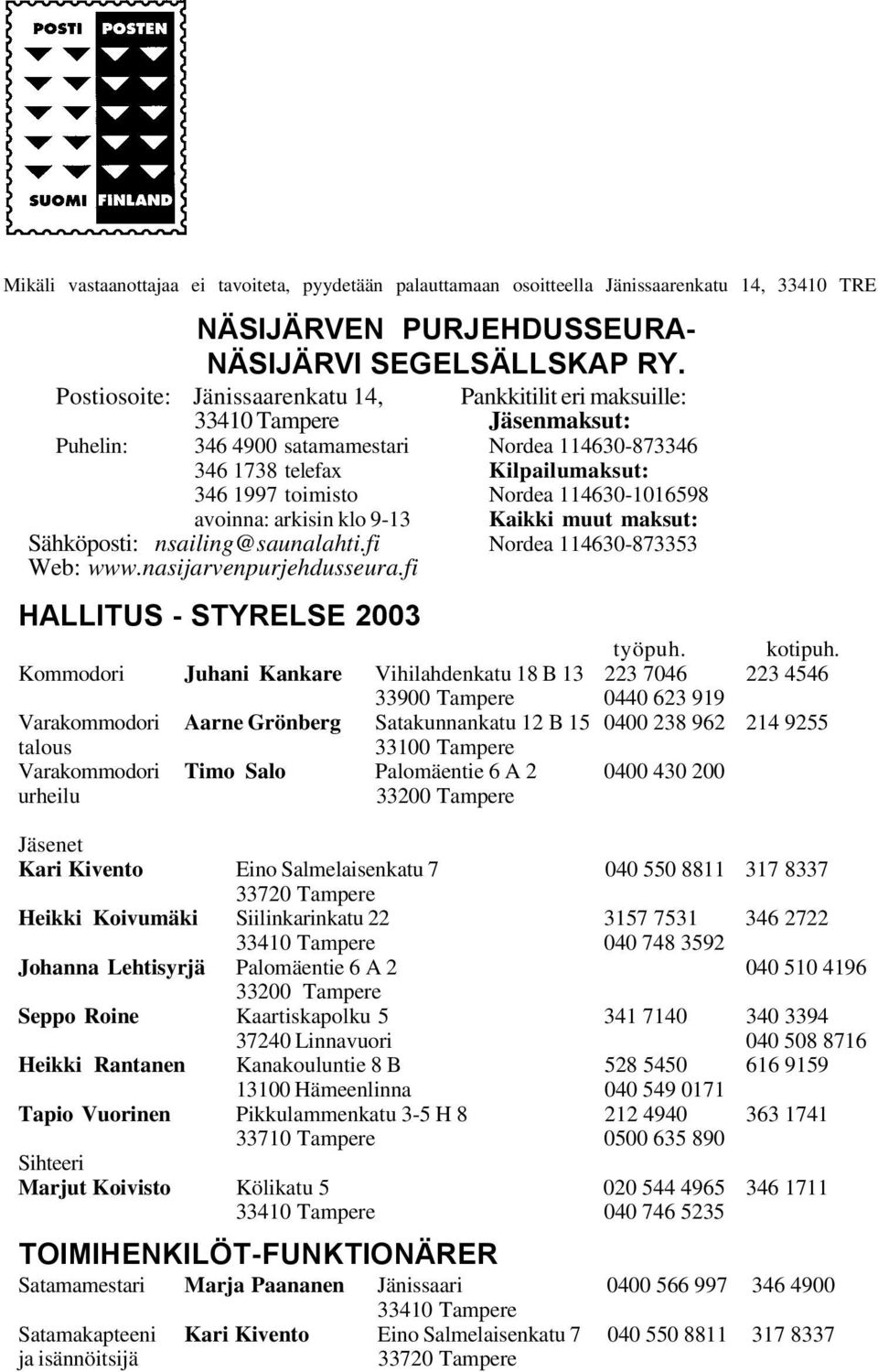 114630-873346 Kilpailumaksut: Nordea 114630-1016598 Kaikki muut maksut: Sähköposti: nsailing@saunalahti.fi Nordea 114630-873353 Web: www.nasijarvenpurjehdusseura.fi HALLITUS - STYRELSE 2003 työpuh.