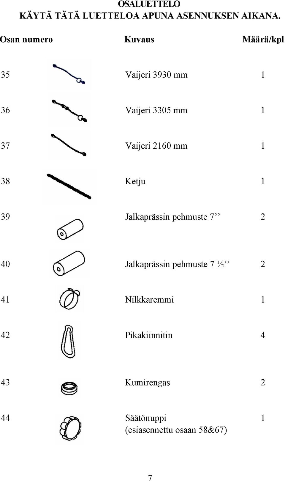 Vaijeri 2160 mm 1 38 Ketju 1 39 Jalkaprässin pehmuste 7 2 40 Jalkaprässin