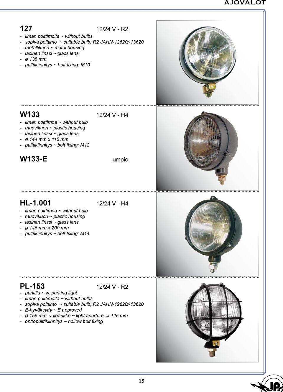 001 - ø 145 mm x 200 mm - pulttikiinnitys ~ bolt fixing: M14 12/24 V - H4 pl-153 12/24 V - r2 - parkilla ~ w.