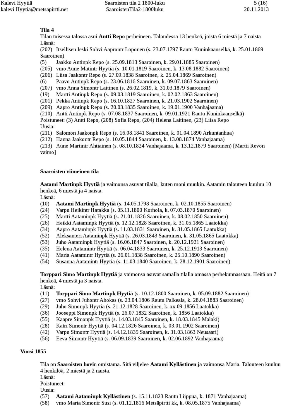 1813 Saaroinen, k. 29.01.1885 Saaroinen) (205) vmo Aune Matintr Hyytiä (s. 10.01.1819 Saaroinen, k. 13.08.1882 Saaroinen) (206) Liisa Jaakontr Repo (s. 27.09.1838 Saaroinen, k. 25.04.