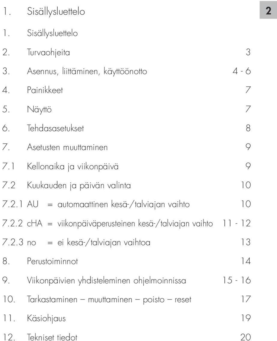 2.2 cha = viikonpäiväperusteinen kesä-/talviajan vaihto 11-12 7.2.3 no = ei kesä-/talviajan vaihtoa 13 8. Perustoiminnot 14 9.