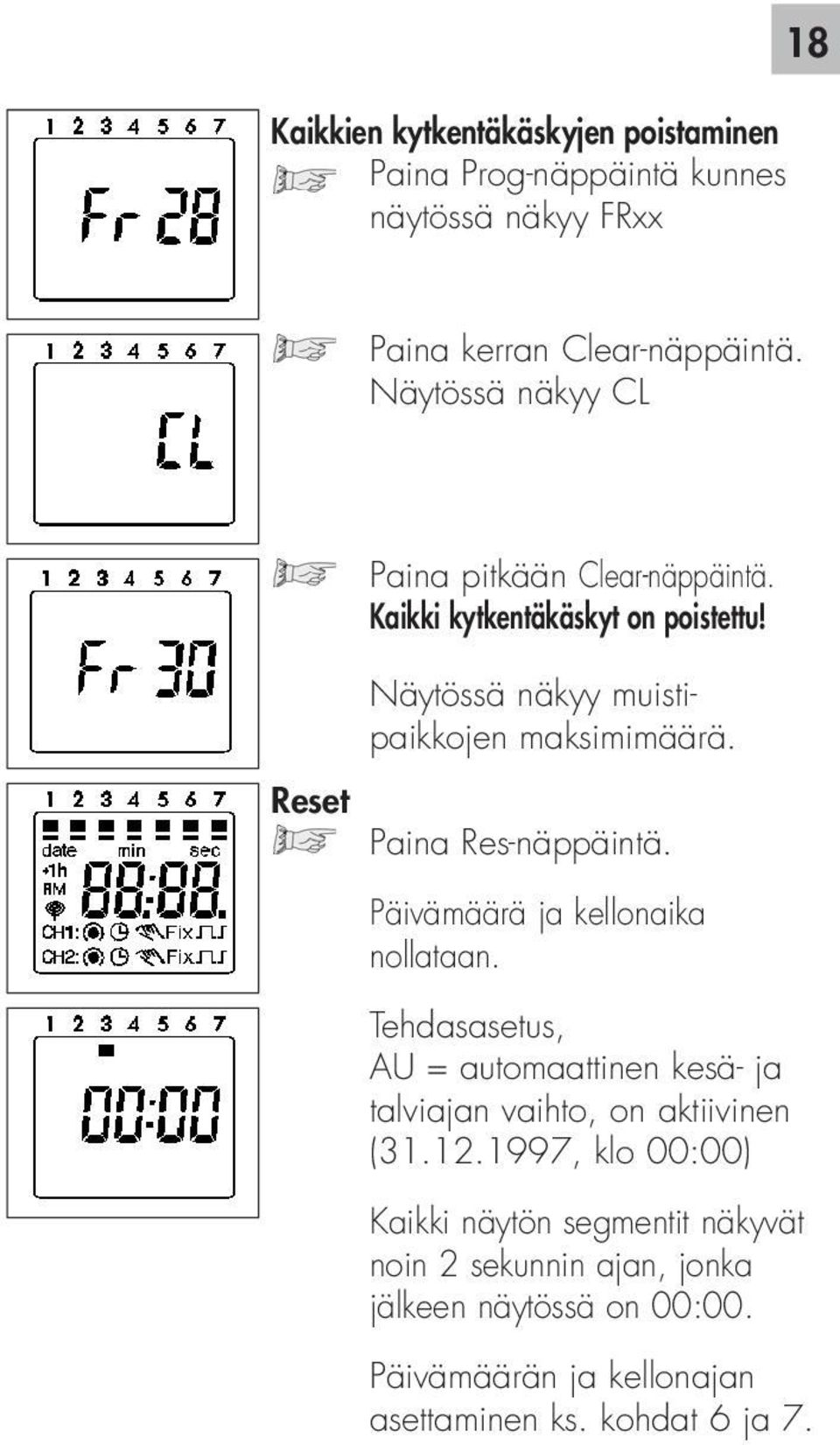 Reset Paina Res-näppäintä. Päivämäärä ja kellonaika nollataan.