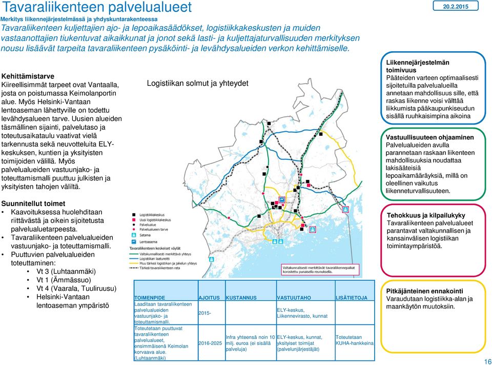 Kiireellisimmät tarpeet ovat Vantaalla, josta on poistumassa Keimolanportin alue. Myös Helsinki-Vantaan lentoaseman lähettyville on todettu levähdysalueen tarve.