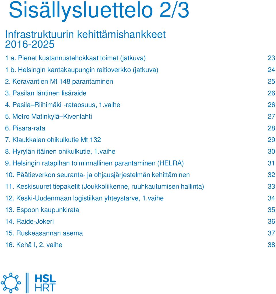 Klaukkalan ohikulkutie Mt 132 29 8. Hyrylän itäinen ohikulkutie, 1.vaihe 30 9. Helsingin ratapihan toiminnallinen parantaminen (HELRA) 31 10.