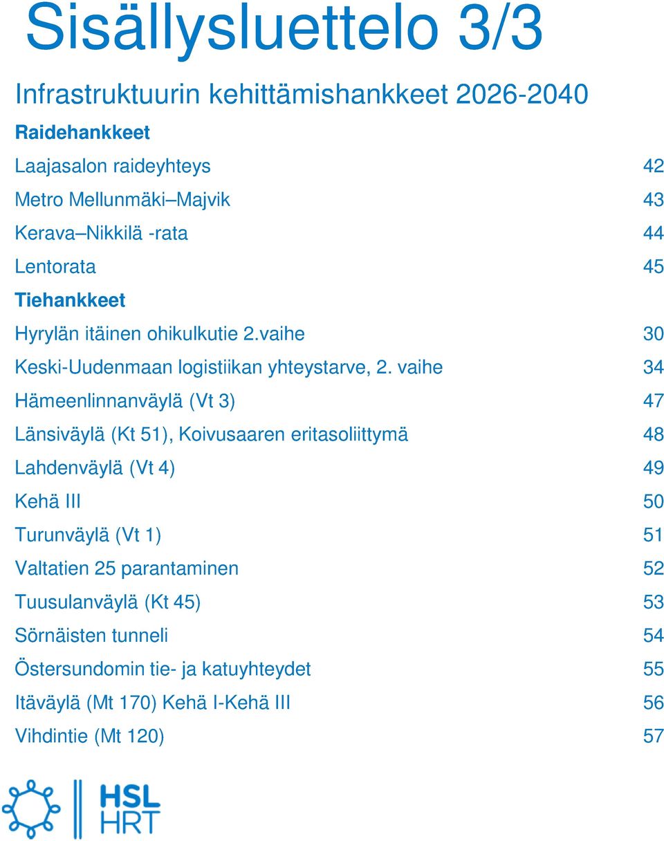 vaihe 34 Hämeenlinnanväylä (Vt 3) 47 Länsiväylä (Kt 51), Koivusaaren eritasoliittymä 48 Lahdenväylä (Vt 4) 49 Kehä III 50 Turunväylä (Vt 1) 51