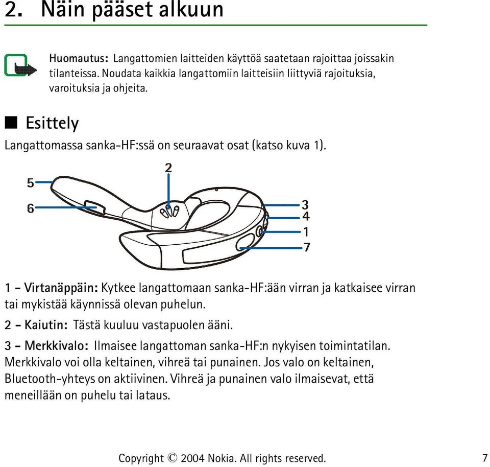 1 - Virtanäppäin: Kytkee langattomaan sanka-hf:ään virran ja katkaisee virran tai mykistää käynnissä olevan puhelun. 2 - Kaiutin: Tästä kuuluu vastapuolen ääni.