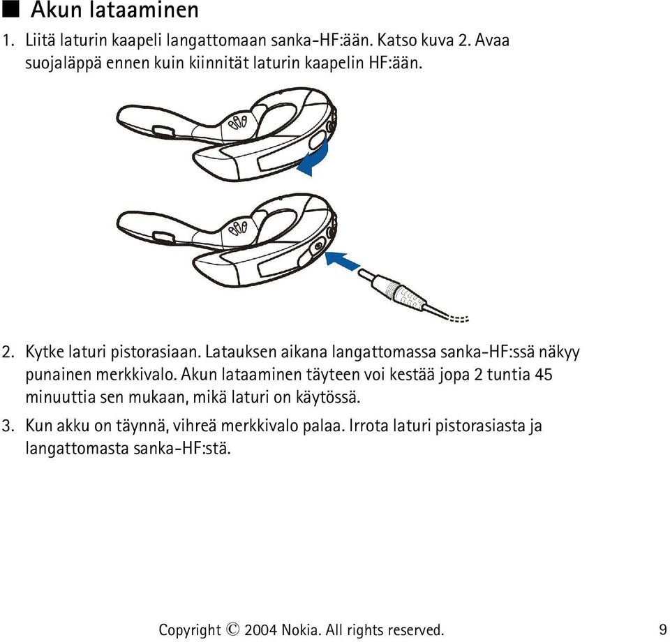 Latauksen aikana langattomassa sanka-hf:ssä näkyy punainen merkkivalo.