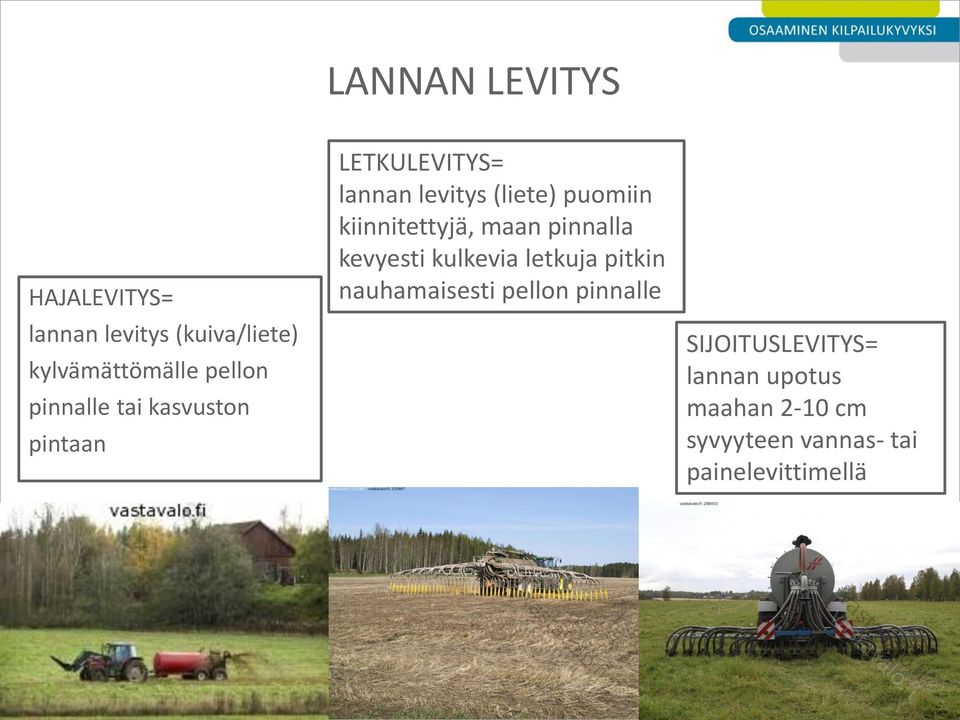 kiinnitettyjä, maan pinnalla kevyesti kulkevia letkuja pitkin nauhamaisesti pellon