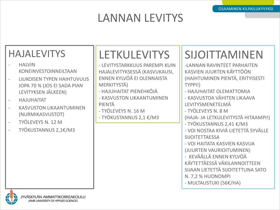 12 M - TYÖKUSTANNUS 2,1 /M3 LETKULEVITYS - LEVITYSTARKKUUS PAREMPI KUIN HAJALEVITYKSESSÄ (KASVUKAUSI, ENNEN KYLVÖÄ EI OLENNAISTA MERKITYSTÄ) - HAJUHAITAT PIENEHKÖJÄ - KASVUSTON LIKAANTUMINEN PIENTÄ -