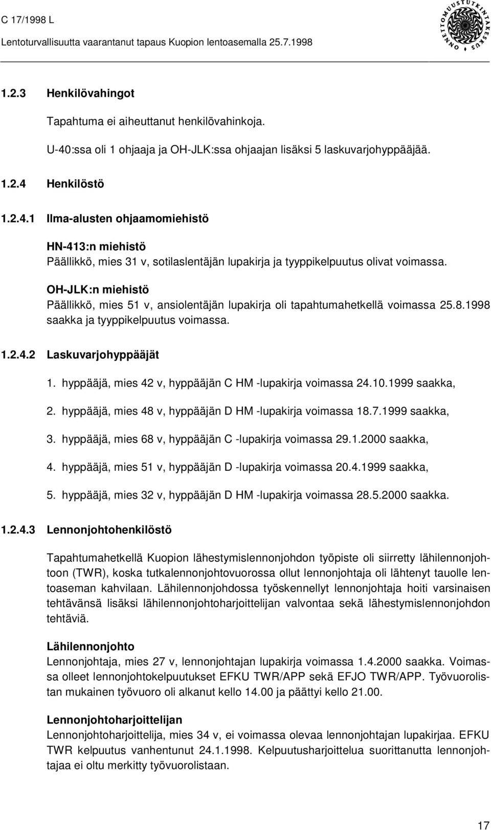 Henkilöstö 1.2.4.1 Ilma-alusten ohjaamomiehistö HN-413:n miehistö Päällikkö, mies 31 v, sotilaslentäjän lupakirja ja tyyppikelpuutus olivat voimassa.