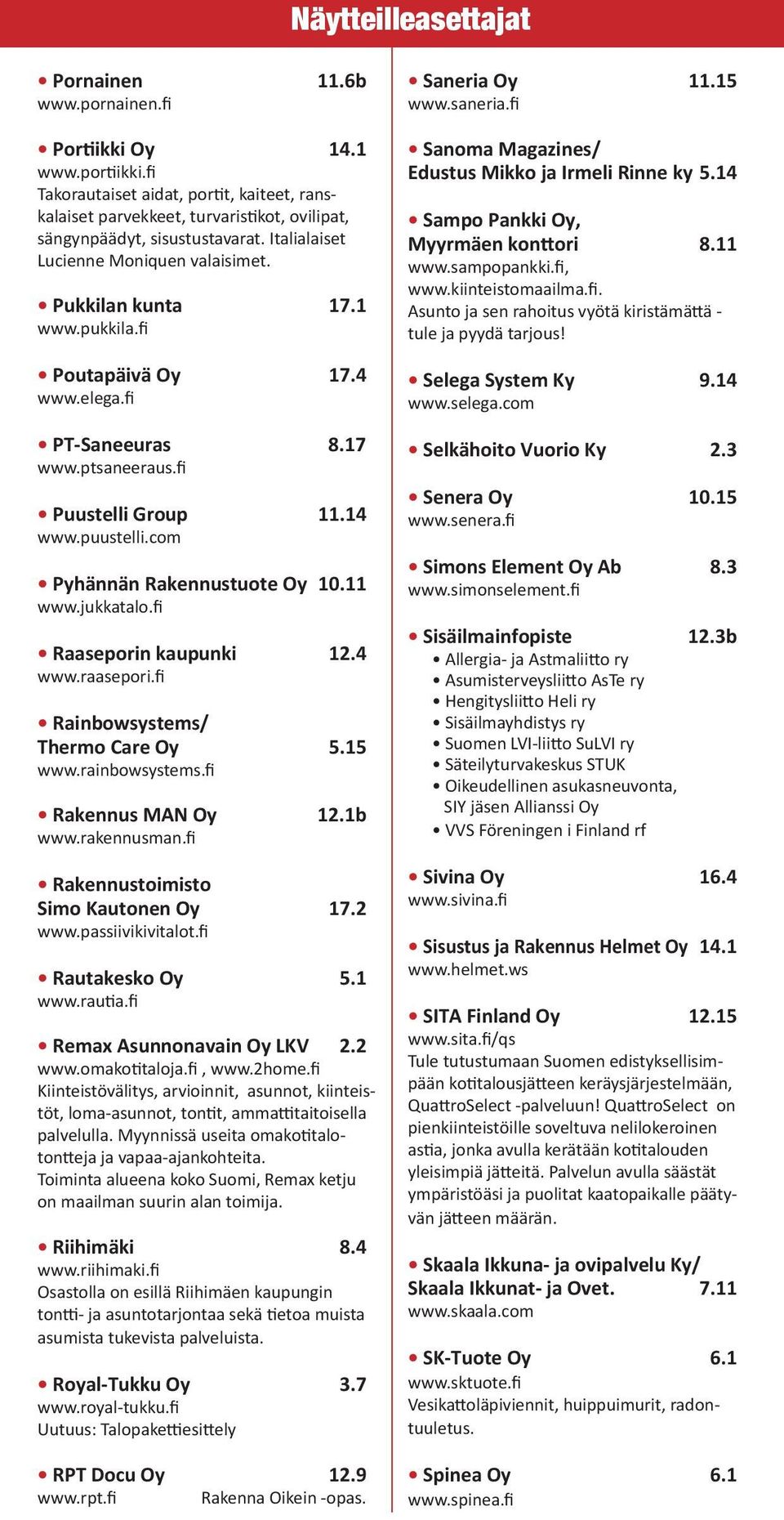 com Pyhännän Rakennustuote Oy 10.11 www.jukkatalo.fi Raaseporin kaupunki 12.4 www.raasepori.fi Rainbowsystems/ Thermo Care Oy 5.15 www.rainbowsystems.fi Rakennus MAN Oy 12.1b www.rakennusman.