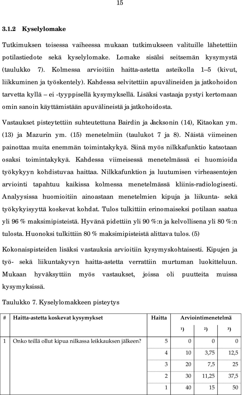 Lisäksi vastaaja pystyi kertomaan omin sanoin käyttämistään apuvälineistä ja jatkohoidosta. Vastaukset pisteytettiin suhteutettuna Bairdin ja Jacksonin (14), Kitaokan ym. (13) ja Mazurin ym.