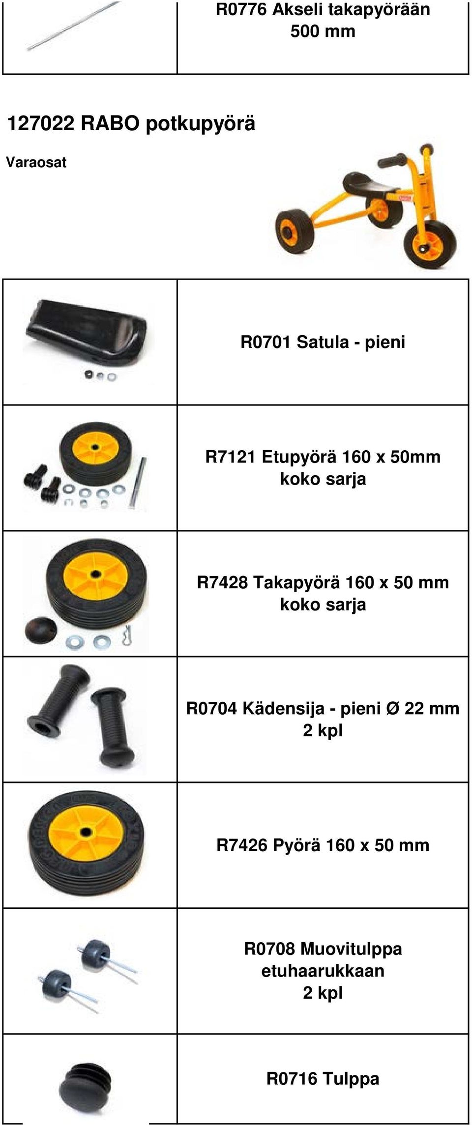 Takapyörä 160 x 50 mm R0704 Kädensija - pieni Ø 22 mm