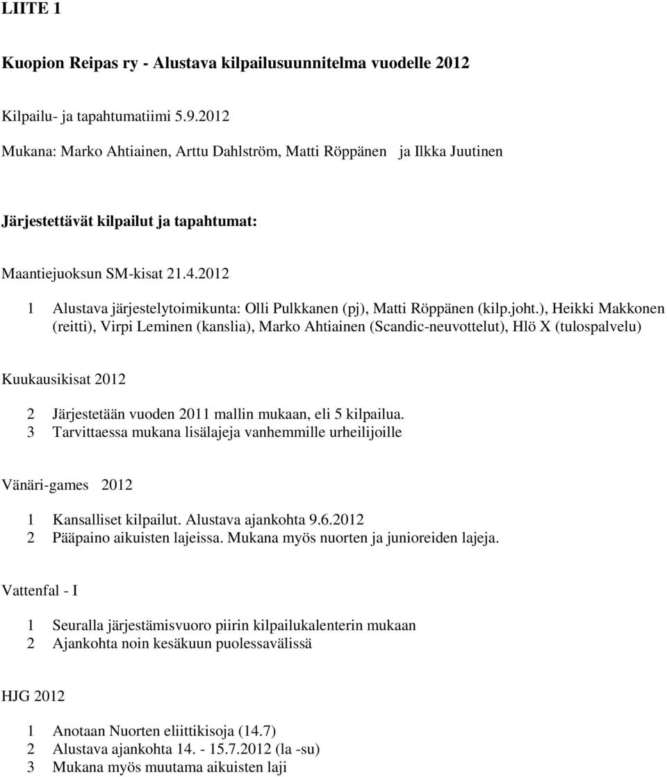 2012 1 Alustava järjestelytoimikunta: Olli Pulkkanen (pj), Matti Röppänen (kilp.joht.