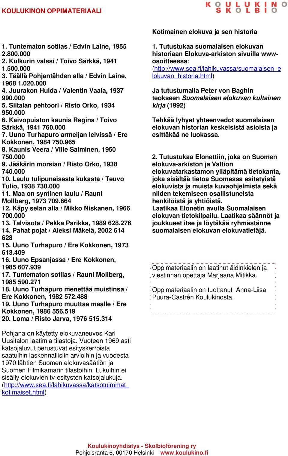 Uuno Turhapuro armeijan leivissä / Ere Kokkonen, 1984 750.965 8. Kaunis Veera / Ville Salminen, 1950 750.000 9. Jääkärin morsian / Risto Orko, 1938 740.000 10.