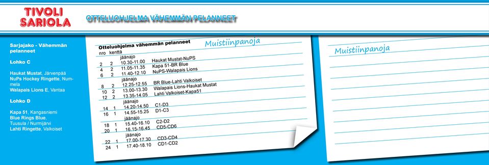 10 NuPS-Walapais Lions 8 2 12.25-12.55 BR Blue-Lahti Valkoiset 10 2 13.00-13.30 Walapais Lions-Haukat Mustat 12 2 13.35-14.05 Lahti Valkoiset-Kapa51 14 1 14.20-14.50 C1-D3 16 1 14.