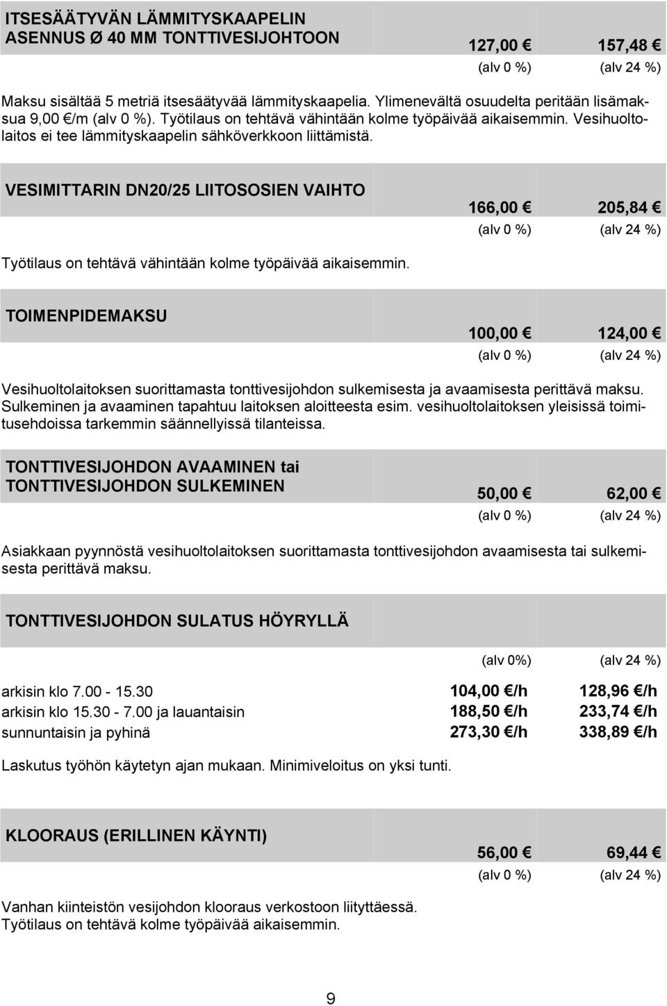 VESIMITTARIN DN20/25 LIITOSOSIEN VAIHTO 166,00 205,84 Työtilaus on tehtävä vähintään kolme työpäivää aikaisemmin.