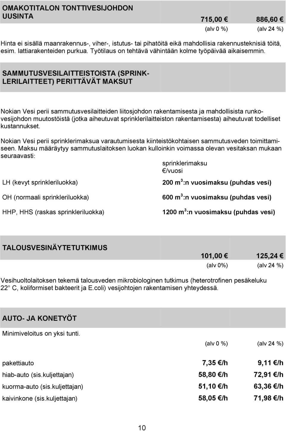 SAMMUTUSVESILAITTEISTOISTA (SPRINK- LERILAITTEET) PERITTÄVÄT MAKSUT Nokian Vesi perii sammutusvesilaitteiden liitosjohdon rakentamisesta ja mahdollisista runkovesijohdon muutostöistä (jotka