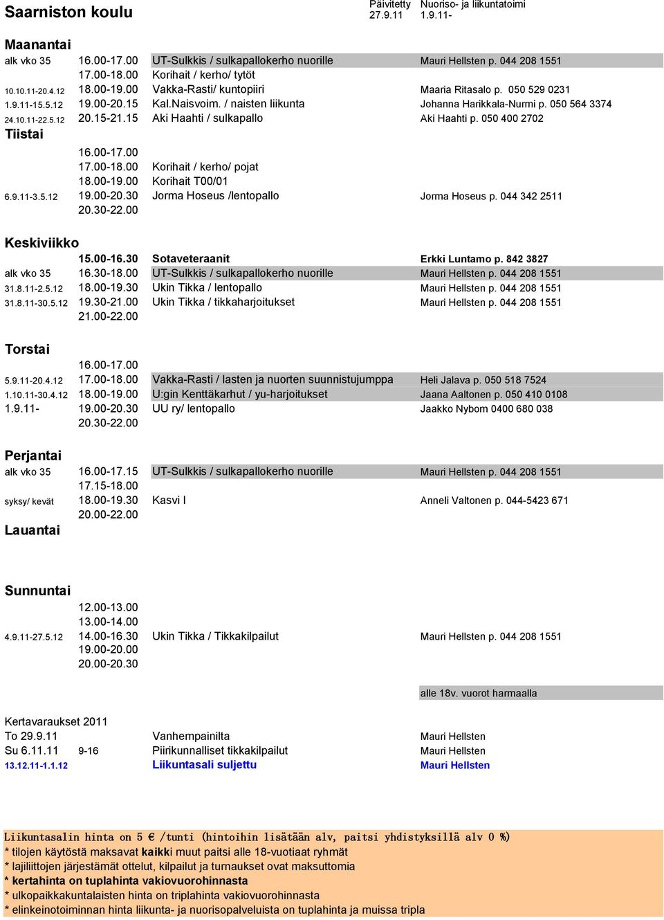 15 Aki Haahti / sulkapallo Aki Haahti p. 050 400 2702 17.00-18.00 Korihait / kerho/ pojat 18.00-19.00 Korihait T00/01 6.9.11-3.5.12 19.00-20.30 Jorma Hoseus /lentopallo Jorma Hoseus p.