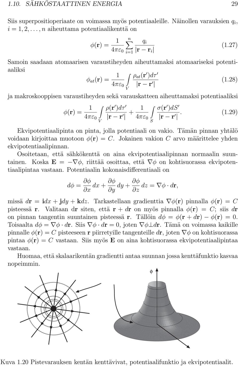 28) r r V ja makroskooppisen varaustiheyden sekä varauskatteen aiheuttamaksi potentiaaliksi φ(r) = 1 V ρ(r )dτ r r + 1 σ(r )d r r. (1.29) Ekvipotentiaalipinta on pinta, jolla potentiaali on vakio.