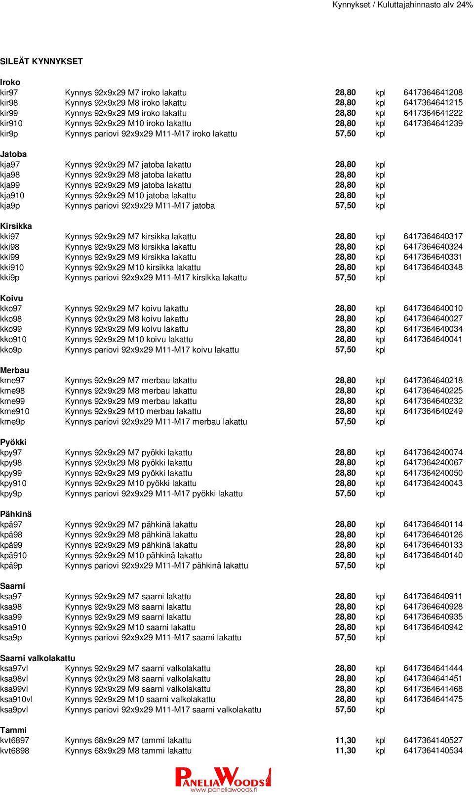 kja98 Kynnys 92x9x29 M8 jatoba lakattu 28,80 kpl kja99 Kynnys 92x9x29 M9 jatoba lakattu 28,80 kpl kja910 Kynnys 92x9x29 M10 jatoba lakattu 28,80 kpl kja9p Kynnys pariovi 92x9x29 M11-M17 jatoba 57,50