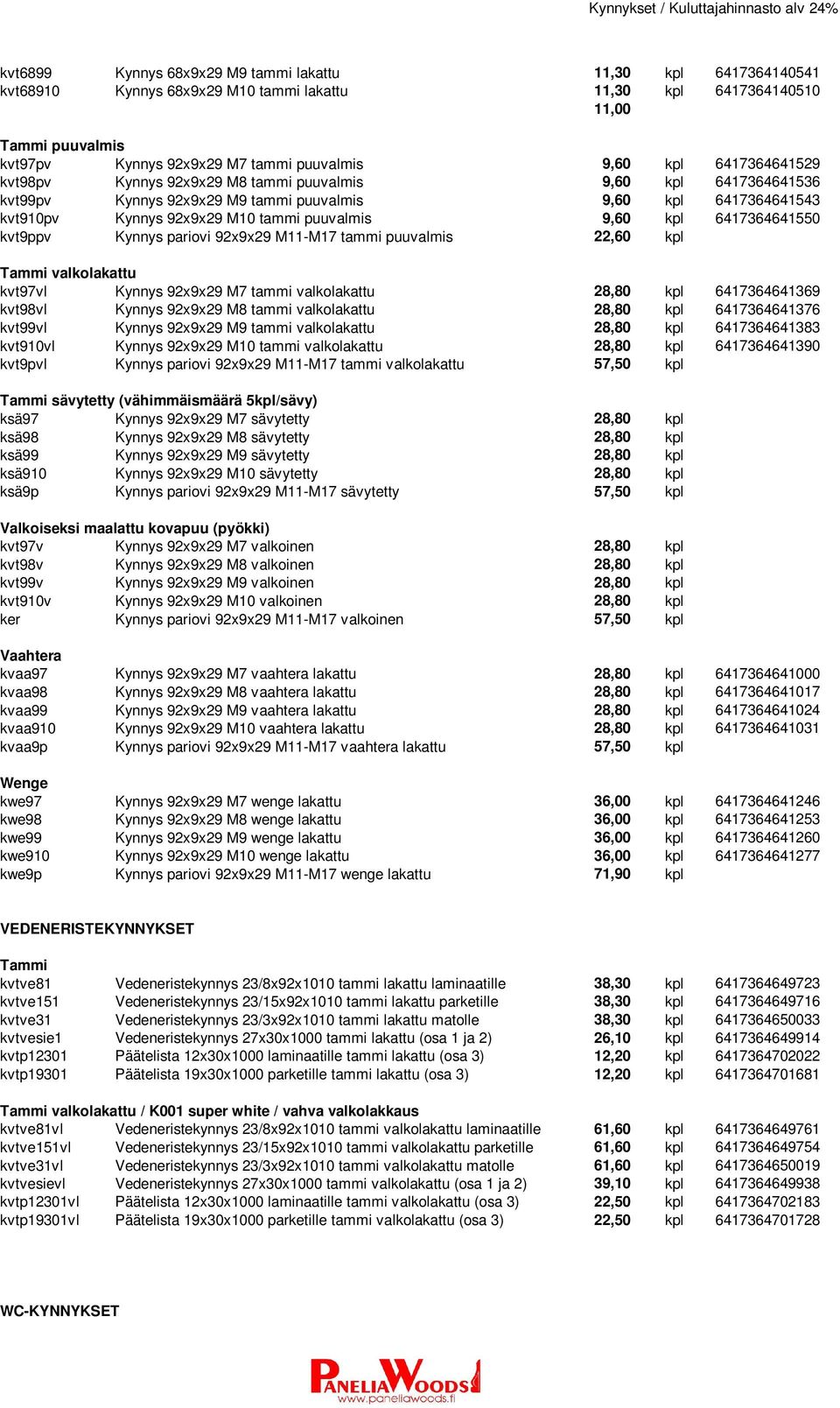 6417364641550 kvt9ppv Kynnys pariovi 92x9x29 M11-M17 tammi puuvalmis 22,60 kpl valkolakattu kvt97vl Kynnys 92x9x29 M7 tammi valkolakattu 28,80 kpl 6417364641369 kvt98vl Kynnys 92x9x29 M8 tammi