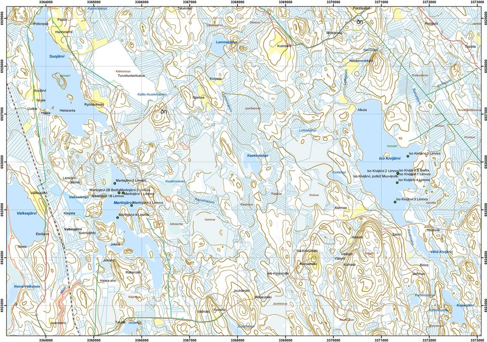 Näsilamminkytö Alkula Ruinunneva Ruinunpuro Kortepuro Tervahaudanneva 6927 6928 Lehmilampi Kivisuo Konisuo Isosaari 6926 Läntinen Itäinen Martinjärvi 5 Limnos Kuolemainen Kaakkolampi Kivilampi Iso