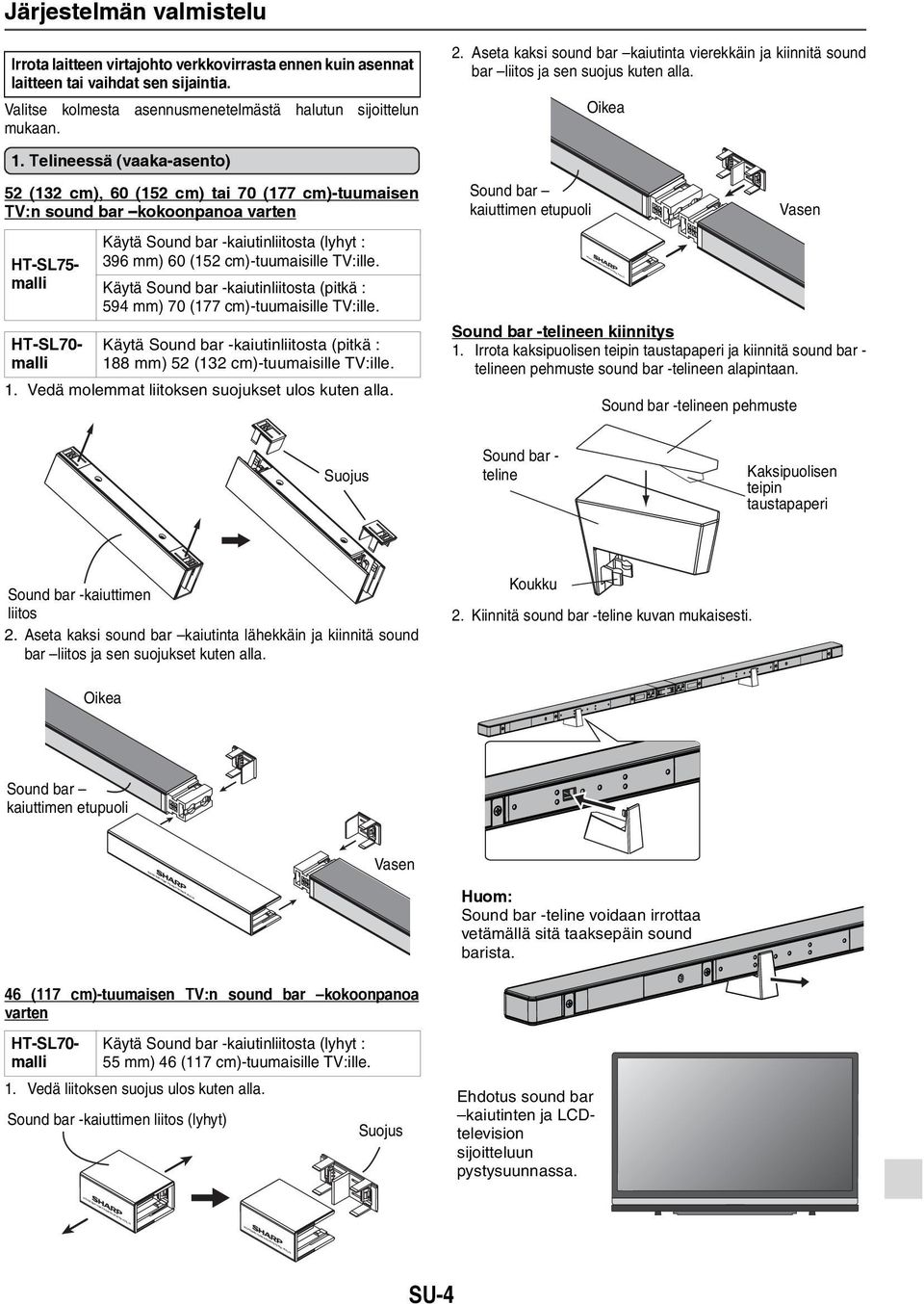 :ille. Käytä Sound bar -kaiutinliitosta (pitkä : 594 mm) 70 (177 cm)- :ille. Käytä Sound bar -kaiutinliitosta (pitkä : 188 mm) 52 (132 cm)- :ille. 1. Vedä molemmat liitoksen suojukset ulos kuten alla.