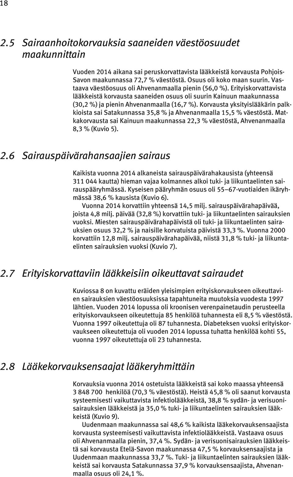 Erityiskorvattavista lääkkeistä korvausta saaneiden osuus oli suurin Kainuun maakunnassa (30,2 %) ja pienin Ahvenanmaalla (16,7 %).