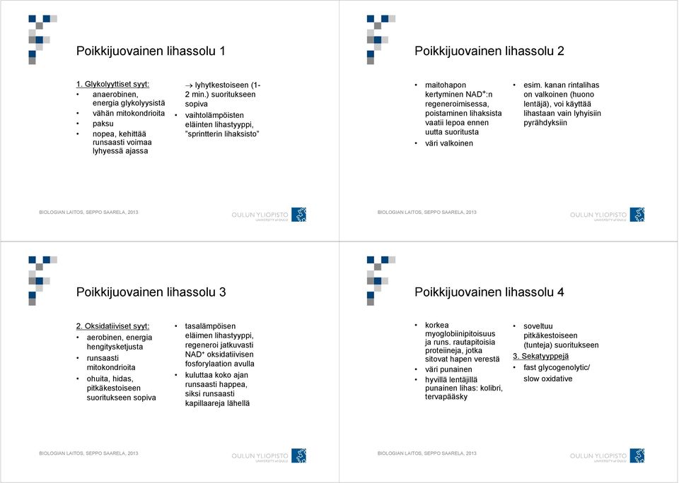 ) suoritukseen sopiva vaihtolämpöisten eläinten lihastyyppi, sprintterin lihaksisto maitohapon kertyminen NAD + :n regeneroimisessa, poistaminen lihaksista vaatii lepoa ennen uutta suoritusta väri