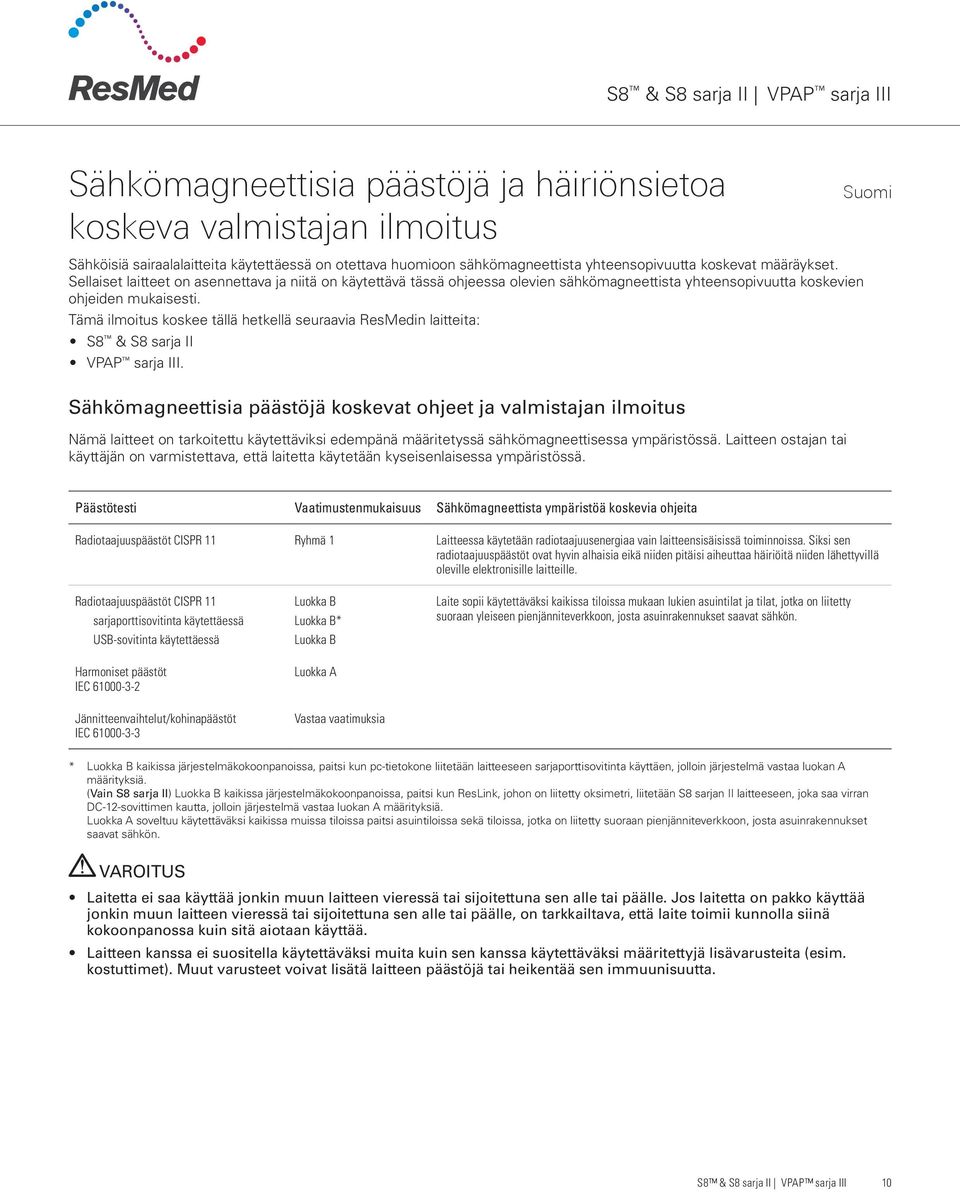 Tämä ilmoitus koskee tällä hetkellä seuraavia ResMedin laitteita: S8 & S8 sarja II VPAP sarja III.