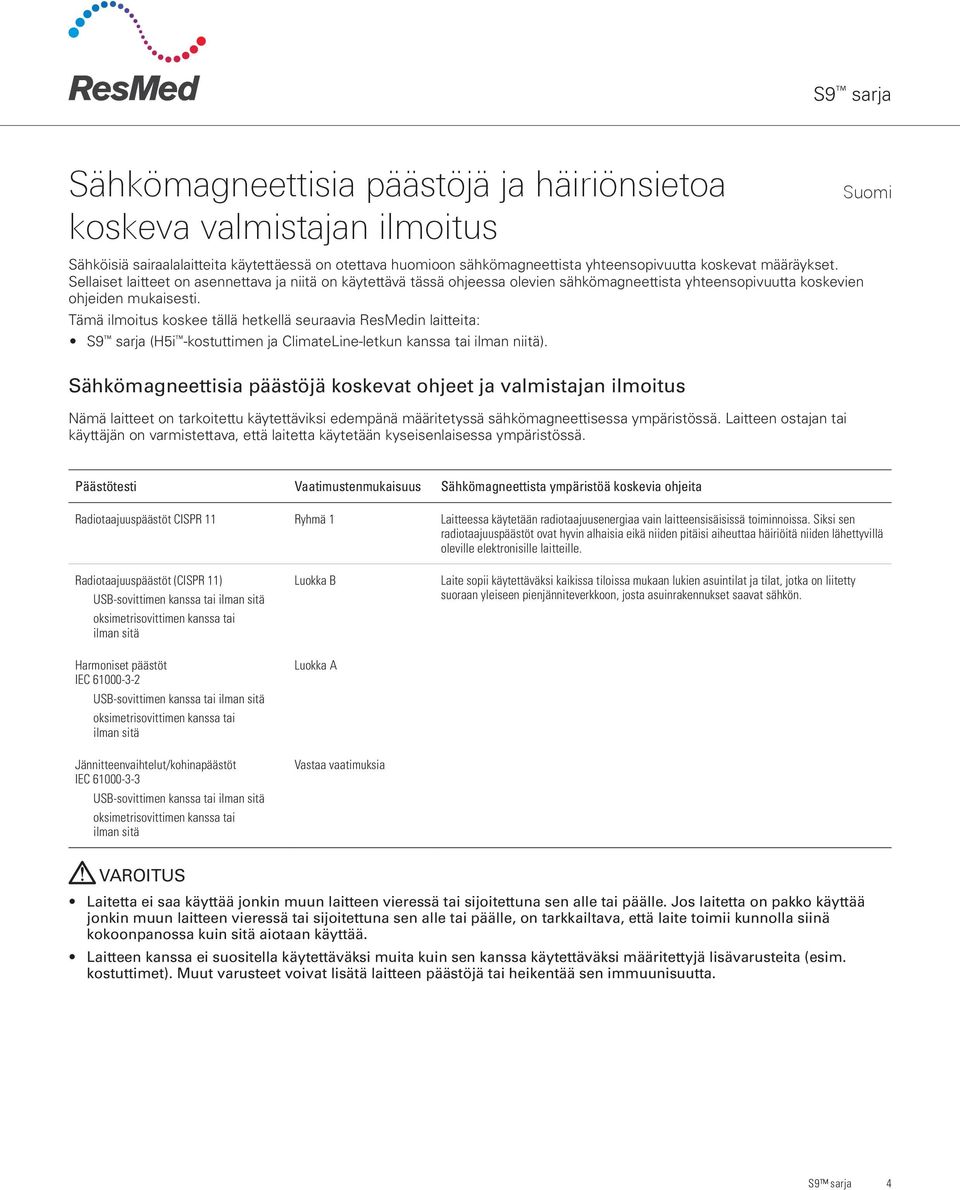 Tämä ilmoitus koskee tällä hetkellä seuraavia ResMedin laitteita: S9 sarja (H5i -kostuttimen ja ClimateLine-letkun kanssa tai ilman niitä).