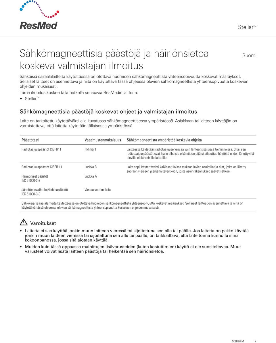 Tämä ilmoitus koskee tällä hetkellä seuraavia ResMedin laitteita: Stellar TM Sähkömagneettisia päästöjä koskevat ohjeet ja valmistajan ilmoitus Laite on tarkoitettu käytettäväksi alla kuvatussa