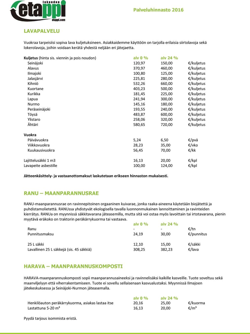 viennin ja pois noudon) alv 0 % alv 24 % Seinäjoki 120,97 150,00 /kuljetus Alavus 370,97 460,00 /kuljetus Ilmajoki 100,80 125,00 /kuljetus Jalasjärvi 225,81 280,00 /kuljetus Kihniö 532,26 660,00