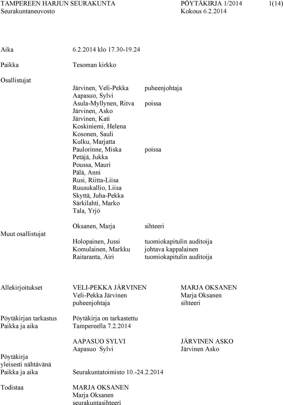 Paulorinne, Miska Petäjä, Jukka Poussa, Mauri Pälä, Anni Rusi, Riitta-Liisa Ruusukallio, Liisa Skyttä, Juha-Pekka Särkilahti, Marko Tala, Yrjö Oksanen, Marja Holopainen, Jussi Komulainen, Markku