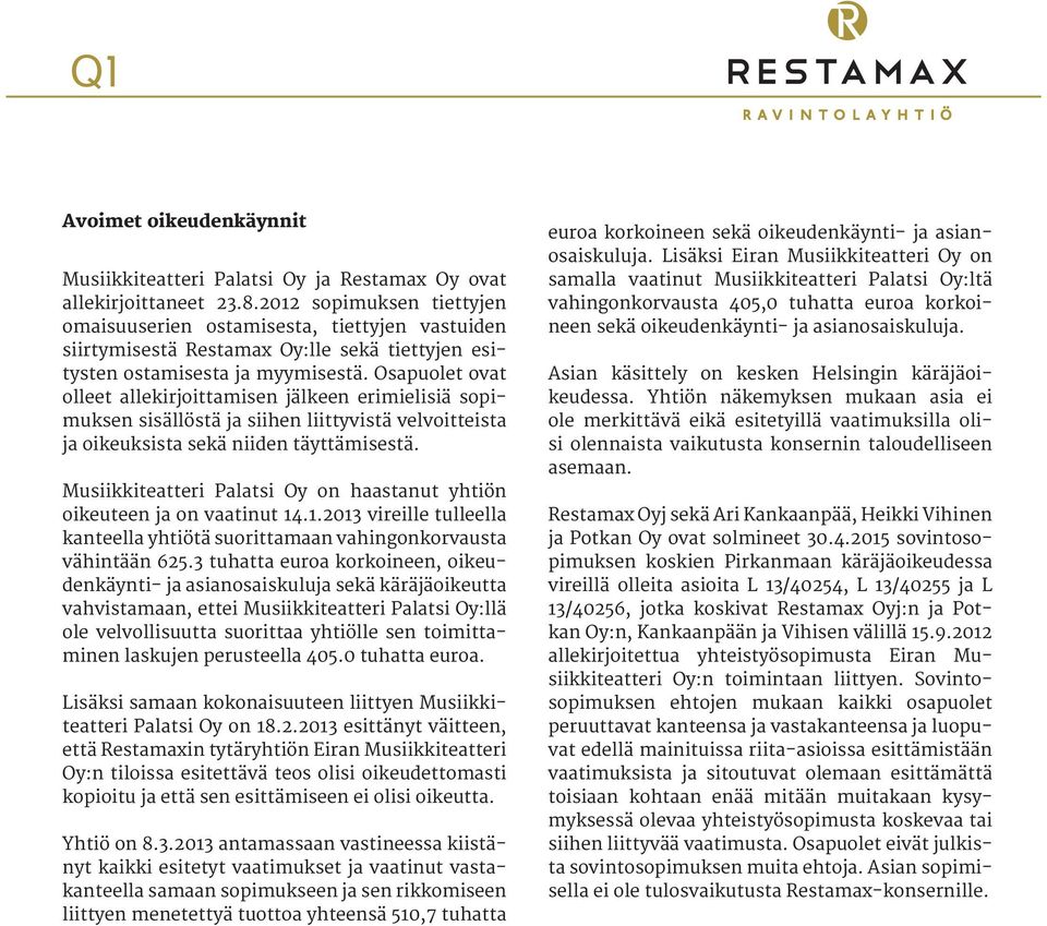 Osapuolet ovat olleet allekirjoittamisen jälkeen erimielisiä sopimuksen sisällöstä ja siihen liittyvistä velvoitteista ja oikeuksista sekä niiden täyttämisestä.