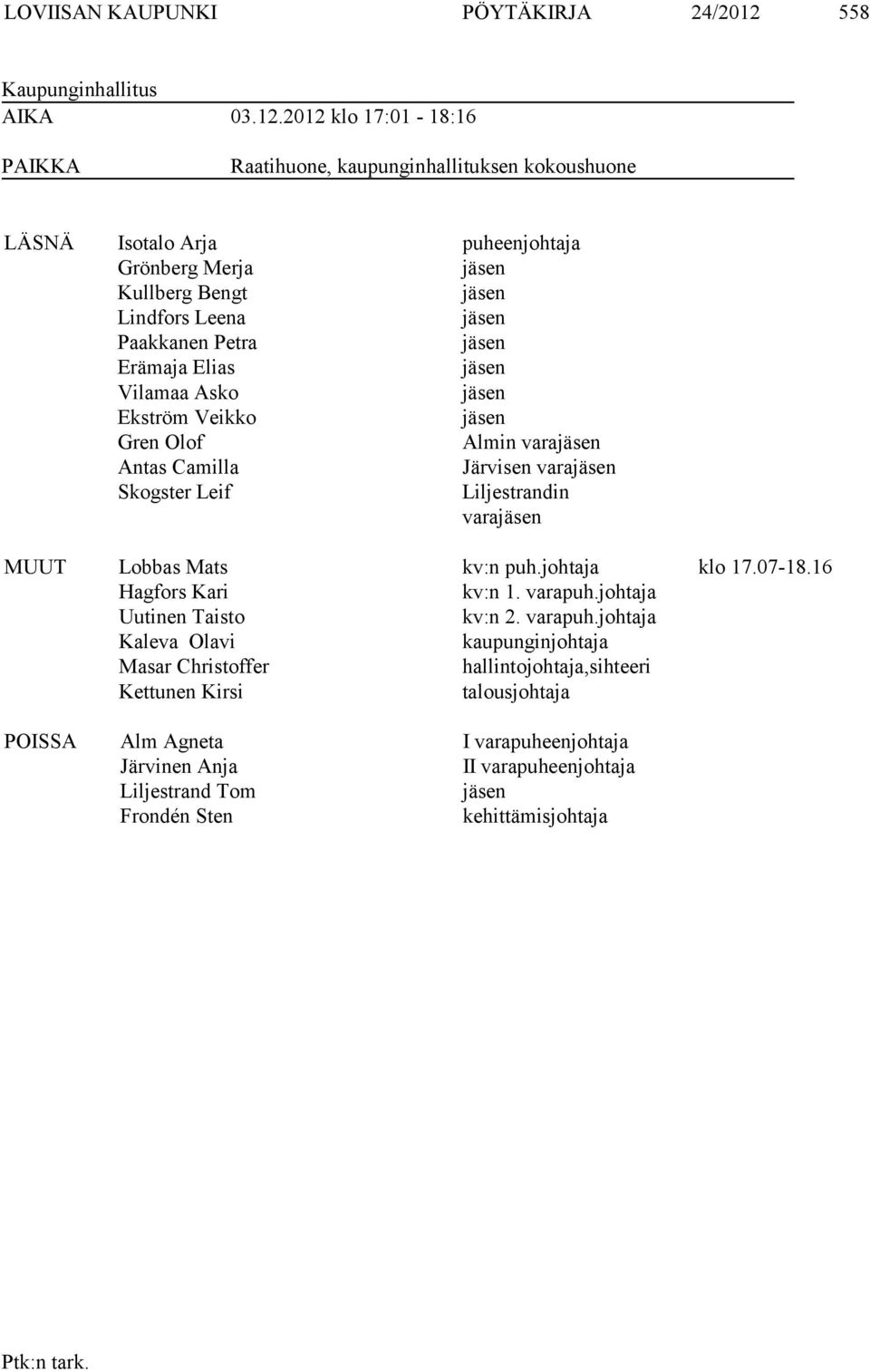 2012 klo 17:01-18:16 PAIKKA Raatihuone, kaupunginhallituksen kokoushuone LÄSNÄ Isotalo Arja puheenjohtaja Grönberg Merja jäsen Kullberg Bengt jäsen Lindfors Leena jäsen Paakkanen Petra jäsen