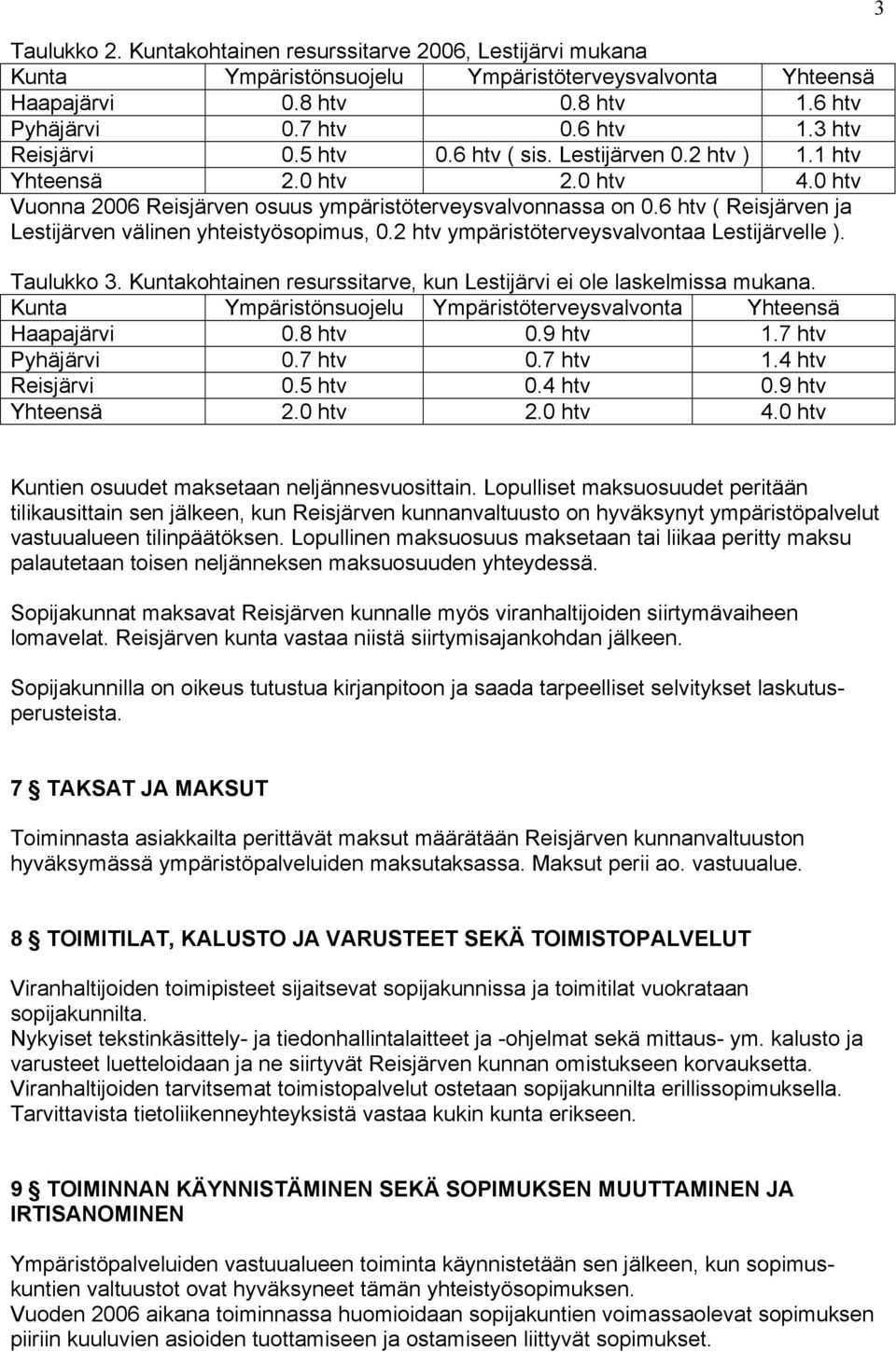 6 htv ( Reisjärven ja Lestijärven välinen yhteistyösopimus, 0.2 htv ympäristöterveysvalvontaa Lestijärvelle ). Taulukko 3. Kuntakohtainen resurssitarve, kun Lestijärvi ei ole laskelmissa mukana.