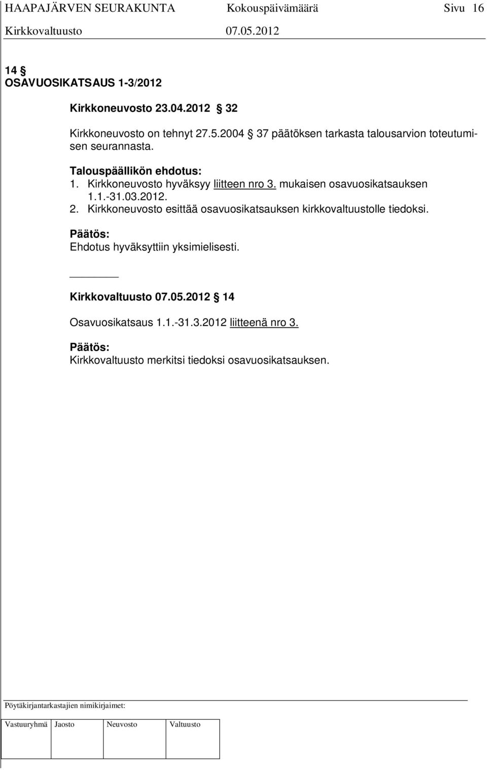 Kirkkoneuvosto hyväksyy liitteen nro 3. mukaisen osavuosikatsauksen 1.1.-31.03.2012. 2.
