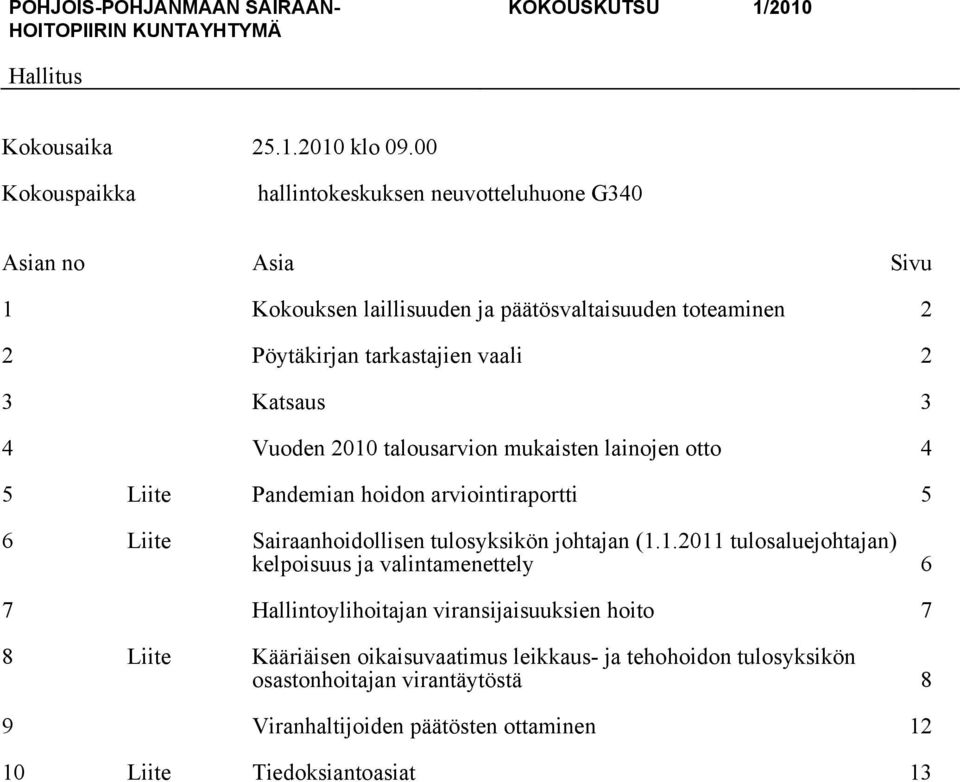 vaali 2 3 Katsaus 3 4 Vuoden 2010 talousarvion mukaisten lainojen otto 4 5 Liite Pandemian hoidon arviointiraportti 5 6 Liite Sairaanhoidollisen tulosyksikön