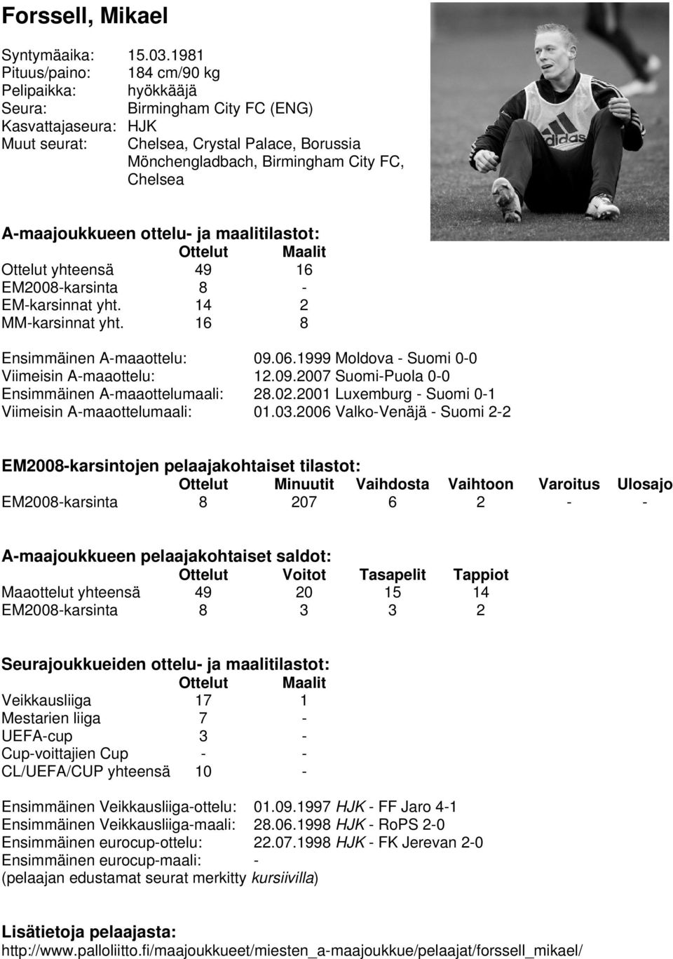 yhteensä 49 16 EM2008-karsinta 8 - EM-karsinnat yht. 14 2 MM-karsinnat yht. 16 8 Ensimmäinen A-maaottelu: 09.06.1999 Moldova - Suomi 0-0 Viimeisin A-maaottelu: 12.09.2007 Suomi-Puola 0-0 Ensimmäinen A-maaottelumaali: 28.