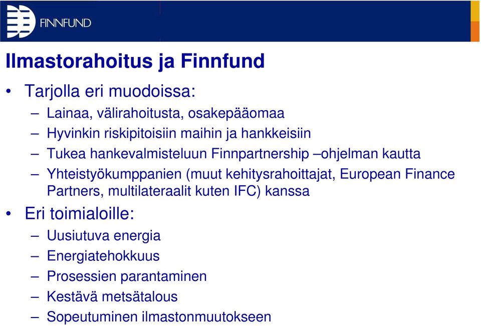 Yhteistyökumppanien (muut kehitysrahoittajat, European Finance Partners, multilateraalit kuten IFC) kanssa