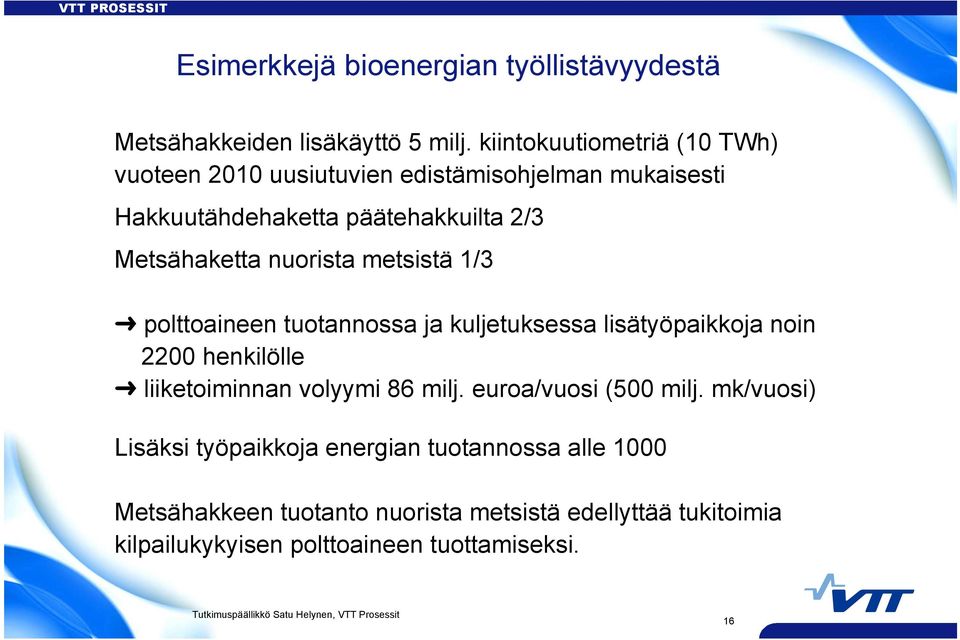 nuorista metsistä 1/3 polttoaineen tuotannossa ja kuljetuksessa lisätyöpaikkoja noin 2200 henkilölle liiketoiminnan volyymi 86 milj.