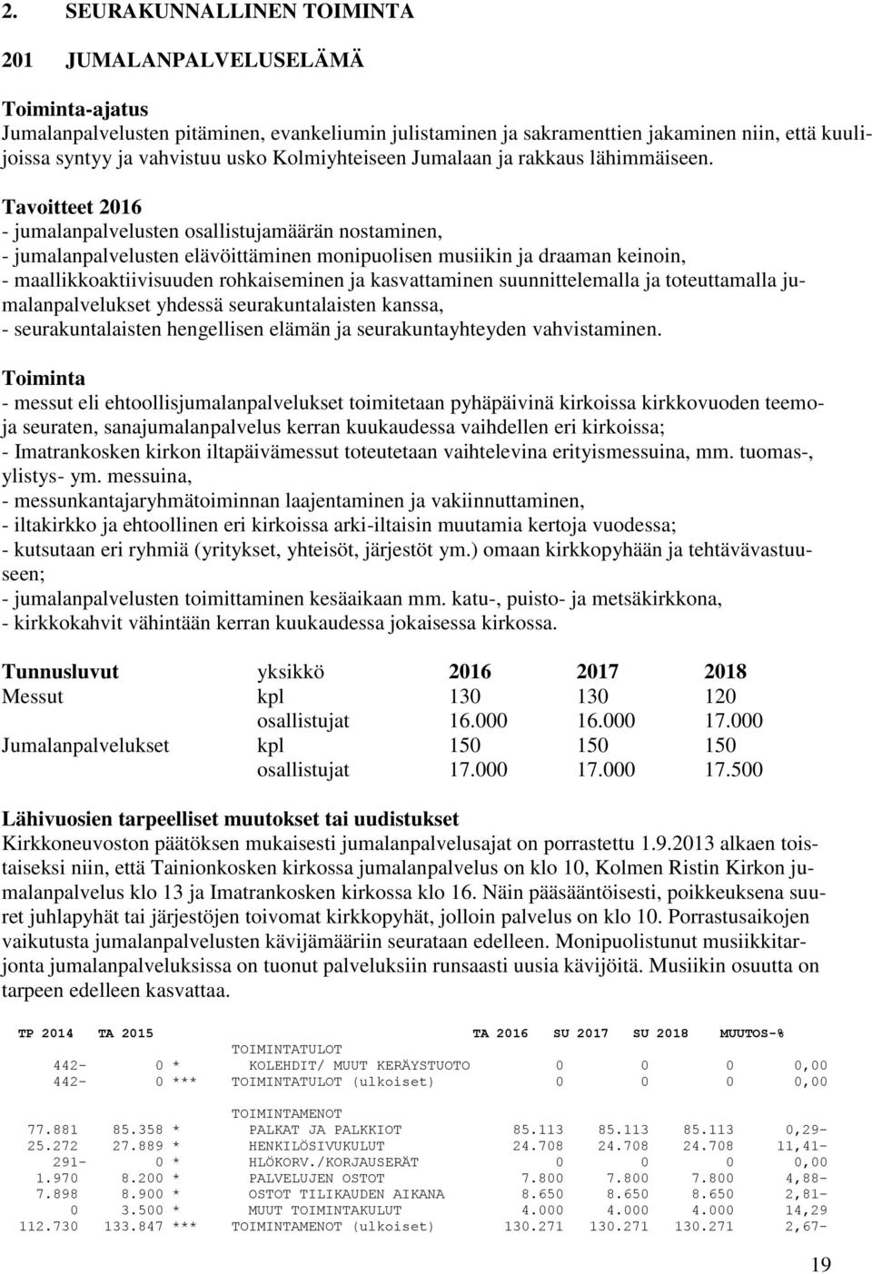 Tavoitteet 2016 - jumalanpalvelusten osallistujamäärän nostaminen, - jumalanpalvelusten elävöittäminen monipuolisen musiikin ja draaman keinoin, - maallikkoaktiivisuuden rohkaiseminen ja