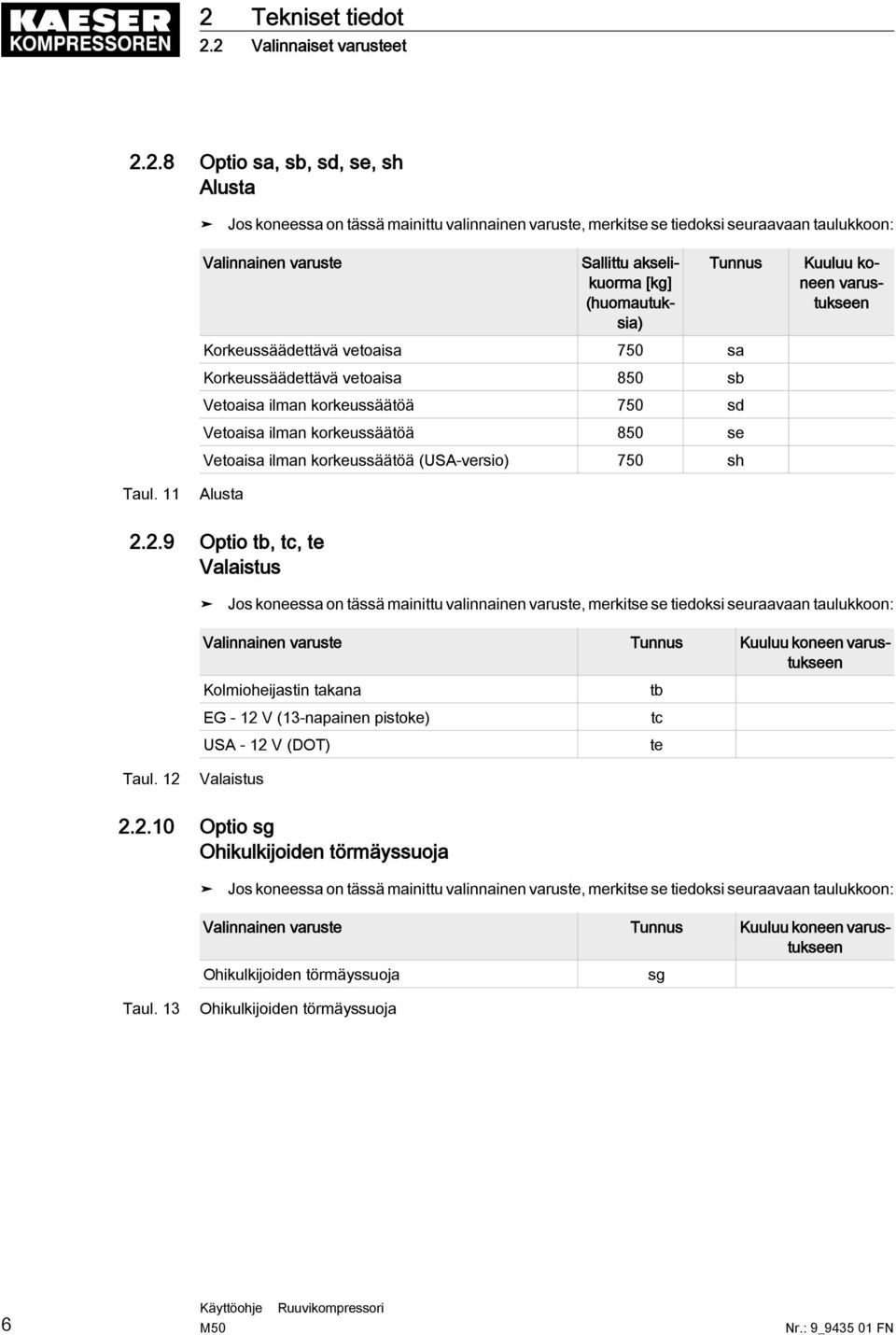 ilman korkeussäätöä (USA-versio) 750 sh Kuuluu koneen varustukseen Taul. 11 Alusta 2.