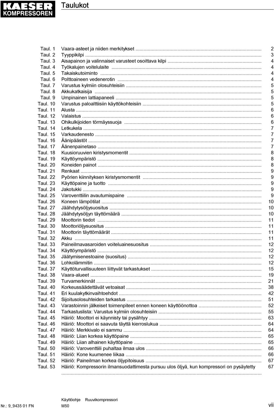 .. 5 Taul. 11 Alusta... 6 Taul. 12 Valaistus... 6 Taul. 13 Ohikulkijoiden törmäyssuoja... 6 Taul. 14 Letkukela... 7 Taul. 15 Varkaudenesto... 7 Taul. 16 Äänipäästöt... 7 Taul. 17 Äänenpainetaso.