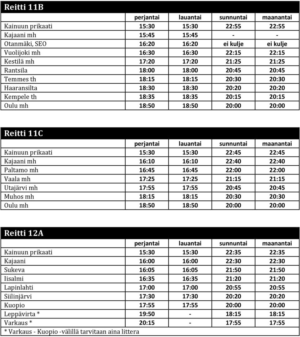 15:30 15:30 22:45 22:45 Kajaani mh 16:10 16:10 22:40 22:40 Paltamo mh 16:45 16:45 22:00 22:00 Vaala mh 17:25 17:25 21:15 21:15 Utajärvi mh 17:55 17:55 20:45 20:45 Muhos mh 18:15 18:15 20:30 20:30